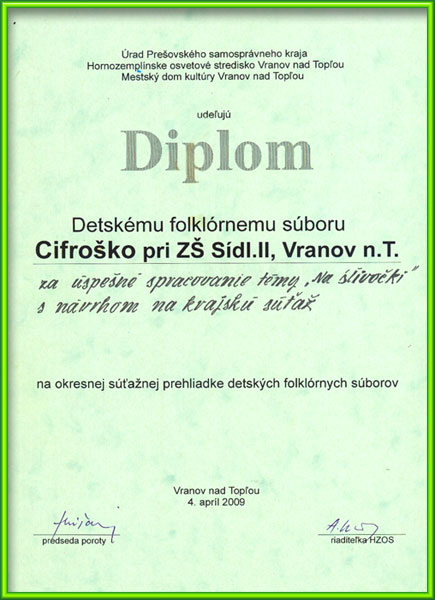Diplom udelený DFS Cifroško